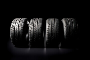 Car tires on dark background, selling tires, tire store banner