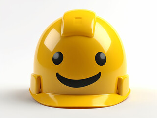 Construction yellow helmet with a smile right on it, on a studio uniform background. Generative AI