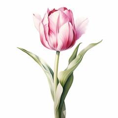 Fototapeta premium a pink tulip with green leaves in painting style