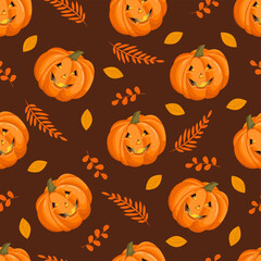 Seamless pattern with Halloween pumpkins and autumn leaves. October harvest. Vector illustration for fabrics, textures, wallpapers, posters, cards. Editable elements.
