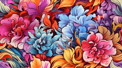 Generative AI, Floral colorful seamless pattern, natural plants and flowers background, Psychedelic illustration. Foliage ornament..