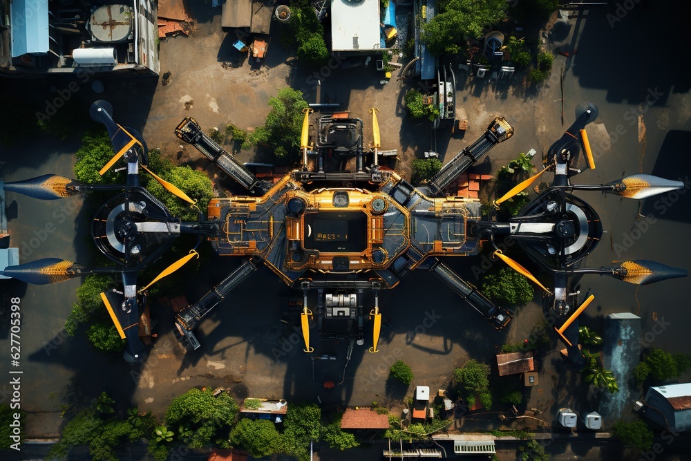 Poster top view image of a drone capturing images for urban planning and development projects design genera