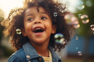 Joyful happy laughing African American child daughter kid girl children laugh excited open mouth amazed enjoy playing with soap bubbles having fun happiness childhood summer vacation family holiday - obrazy, fototapety, plakaty