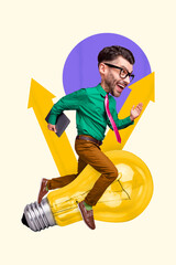Composite collage image of running fast hurry man electric bulb clever laptop arrows businessman excited entrepreneur have fun startup idea