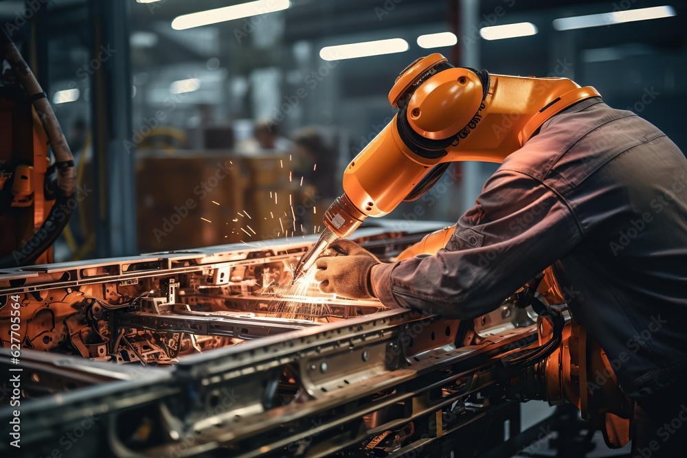 Poster top view image of a person controlling a robot arm for precise industrial automation manufacturing g