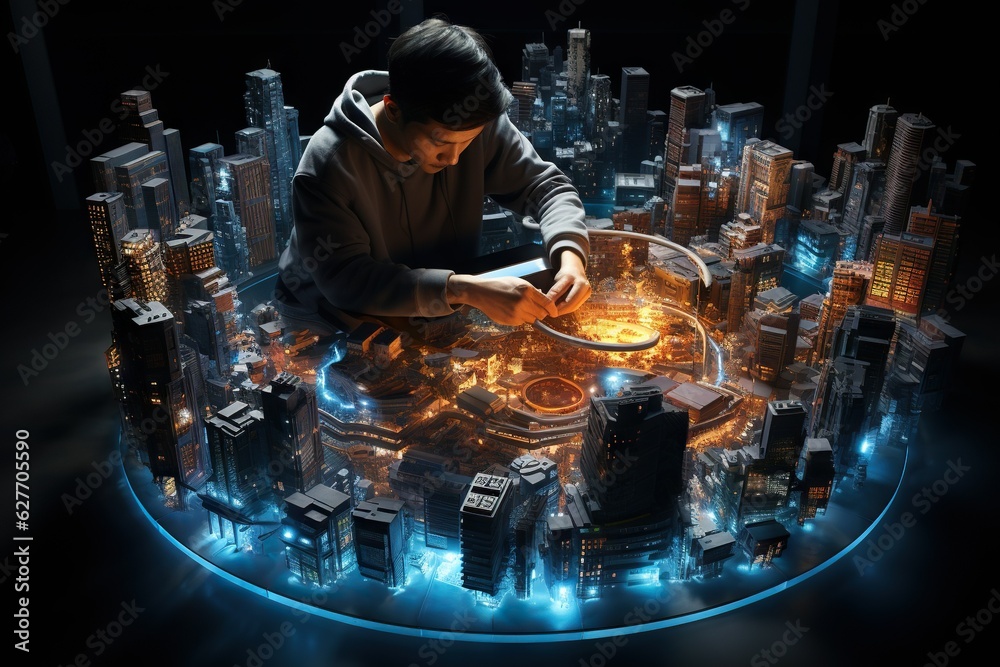 Aufkleber top view image of a person building and managing a virtual city in a simulation game engineer genera