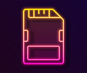 Glowing neon line SD card icon isolated on black background. Memory card. Adapter icon. Vector