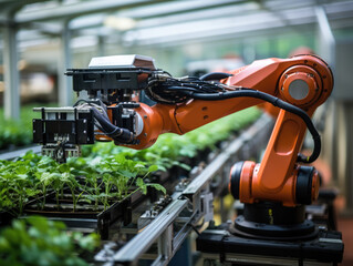 6 axis robot arm monitoring crops in modern technology agriculture sector