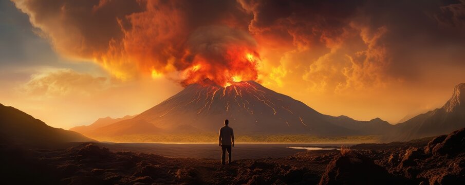 Silhouette of human standing in front of active vulcano with smoke, nature panorama.