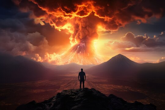 Silhouette of human standing in front of active vulcano with smoke, nature.