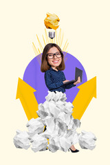 Collage banner poster of smart lady expert prepare financial successful report work on laptop create brilliant idea light bulb
