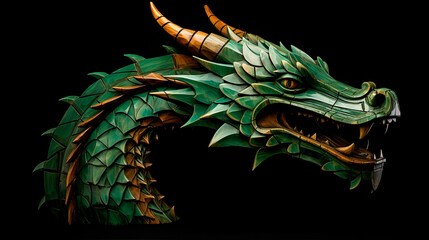 Dragon traditional handmade wooden head carving texture. Dark green golden gate wall decoration Chinese ethnic beast vintage 2024 zodiac symbol illustration