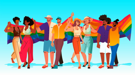 mix race gays and lesbians holding lgbt rainbow flag pride festival transgender love generation Z concept