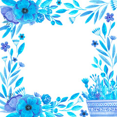 Fototapeta na wymiar Hand drawn watercolor blue flowers and leaves in a busket boarder frame. Isolated on white. Can be used for cards, banners, album, label.