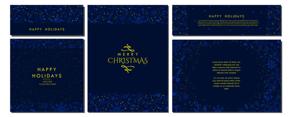 Monochromatic Merry Christmas Greeting Cards, social media story, and Poster on Navy Blue gradient background and soft white Christmas elements. Elegant Christmas Template designs. Vector Art.