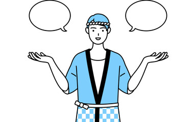 ふきだしつき、比較をする夏祭りの法被を着た男性