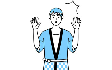 驚いて手を上げる夏祭りの法被を着た男性