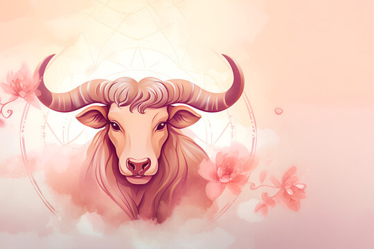 Taurus zodiac sign on pastel beige background with space for text