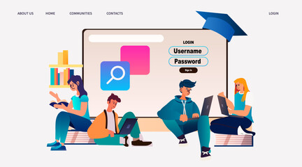 students using laptop and reading book e-learning online education concept horizontal