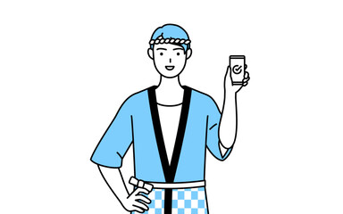 仕事でスマホを使う夏祭りの法被を着た男性