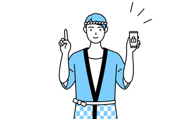 スマホのセキュリティ対策をする夏祭りの法被を着た男性