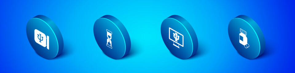 Set Isometric Psychology, Psi, Psychologist online, Sedative pills and Old hourglass icon. Vector
