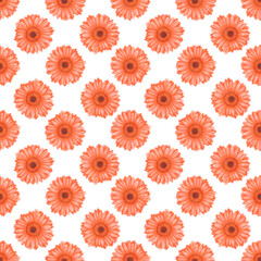 Hand drawn watercolor orange calendula seamless pattern isolated on white background. Can be used for textile, wrapping, fabric.