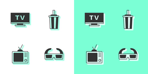 Set 3D cinema glasses, Smart Tv, Retro tv and Paper with water icon. Vector