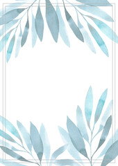 Hand drawn watercolor blue flowers and leaves post card. Isolated on white. Can be used for cards, banners, invitations, label.