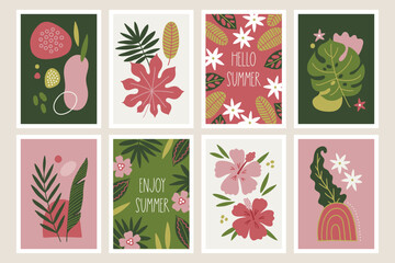 Fototapeta na wymiar Tropical greeting cards with hibiscus, flowers, palm and monstera leaves