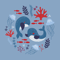 Ocean greeting card with whale, jellyfish, corals, fishes, seaweed