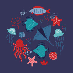 Ocean greeting card with fish, octopus, coral, shell, jellyfish, stingray