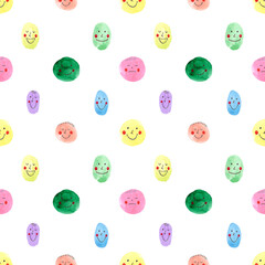 Hand drawn watercolor emoji colorful faces seamless pattern isolated on white background. Can be used for fabric, wrapping paper, children textile and other printed products.