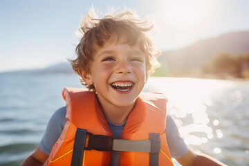 Happy young boy on boat wearing orange life jacket