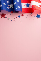Captivating Labor Day tribute. Top view vertical photograph featuring a pink isolated backdrop, an...