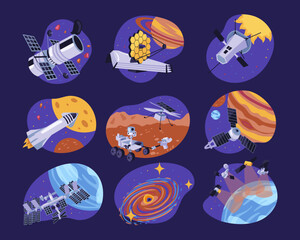 Spaceships, satellites and planets vector illustrations set. Collection of cartoon drawings of spacecraft floating in space among stars, planets. Outer space, exploration, astronomy, science concept