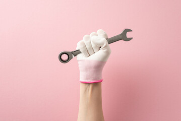 Feminine power and workplace equality. First person top view showcasing a determined woman's hand...