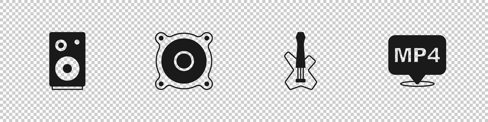 Set Stereo speaker, Electric bass guitar and MP4 file document icon. Vector