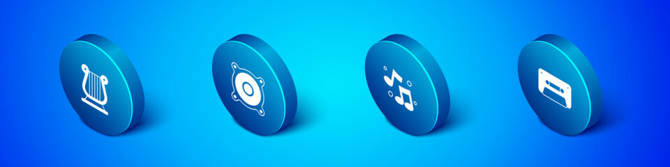 Set Isometric Ancient Greek lyre, Music note, tone, Retro audio cassette tape and Stereo speaker icon. Vector