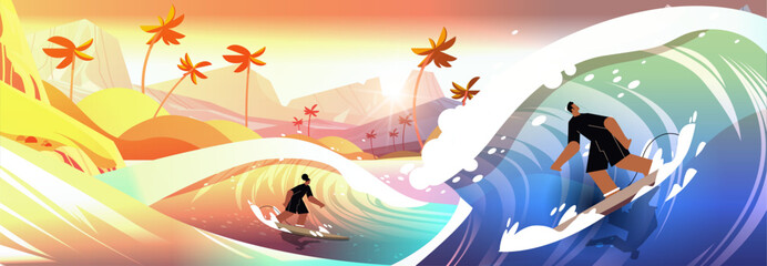 Obraz premium man woman in swimwear riding surf boards by sea or ocean waves surfing sport summer activity concept