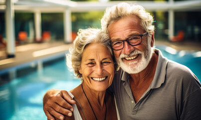 Togetherness Concept: Smiling Senior Couple on Poolside