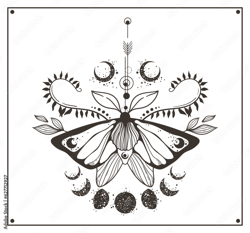 Wall mural mystical celestial moth or butterfly clipart, magic black and white insect silhouette in vector, han