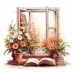 an illustration of a scene with books and flowers