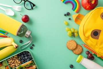 Get ready for school with this wholesome meal: Top view of a lunchbox filled with nutritious treats, water bottle, yogurt, cutlery, stationery, yogurt, all on cheerful teal setting with room for text