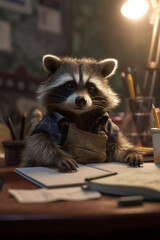 Cheerful Raccoon Engaged in Learning at Desk with Workbook - AI generated