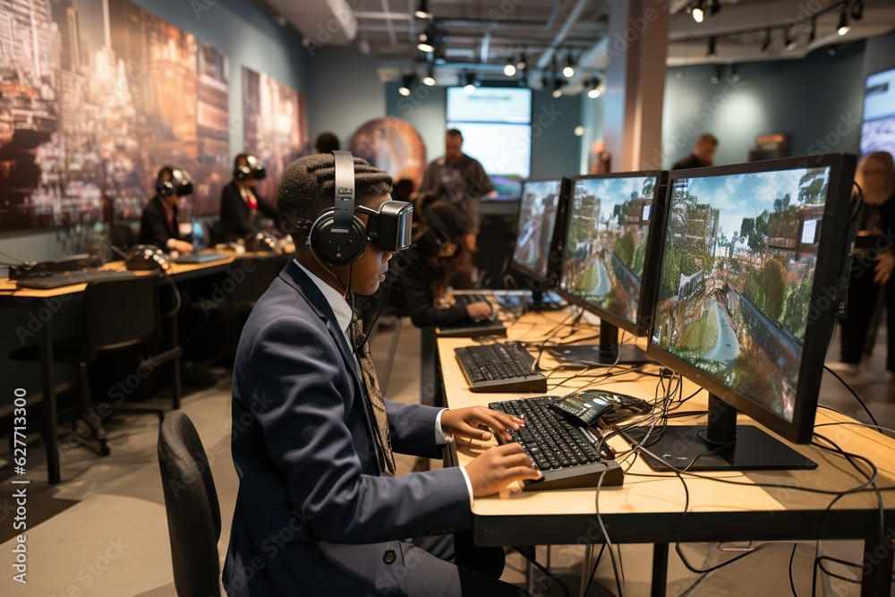 Poster students engaged in a virtual science experiment or simulation programmer generative ai