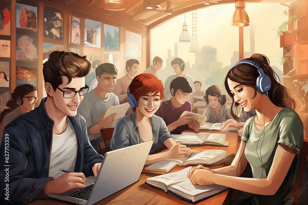 Poster students participating in an online language learning activity or conversation design generative ai