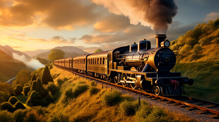 Obraz premium An old steam locomotive with smoke from the chimney pulls the train behind it
