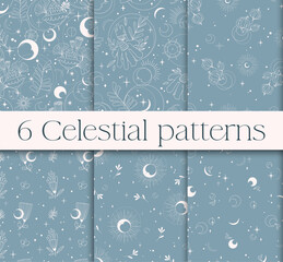 Mystic celestial seamless pattern set - magic flowers, moon and stars in monochrome, esoteric vector reapiting motives on background for wrapping, textile