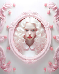 Framed albino girl aesthetic portrait on a white wall, background with pink decorations. The beauty of diversity idea. 